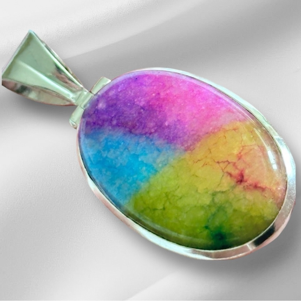 Artisan DYED AGATE in Rainbow 🌈 Colors Oval Pendant - Pink, Blue, Green
